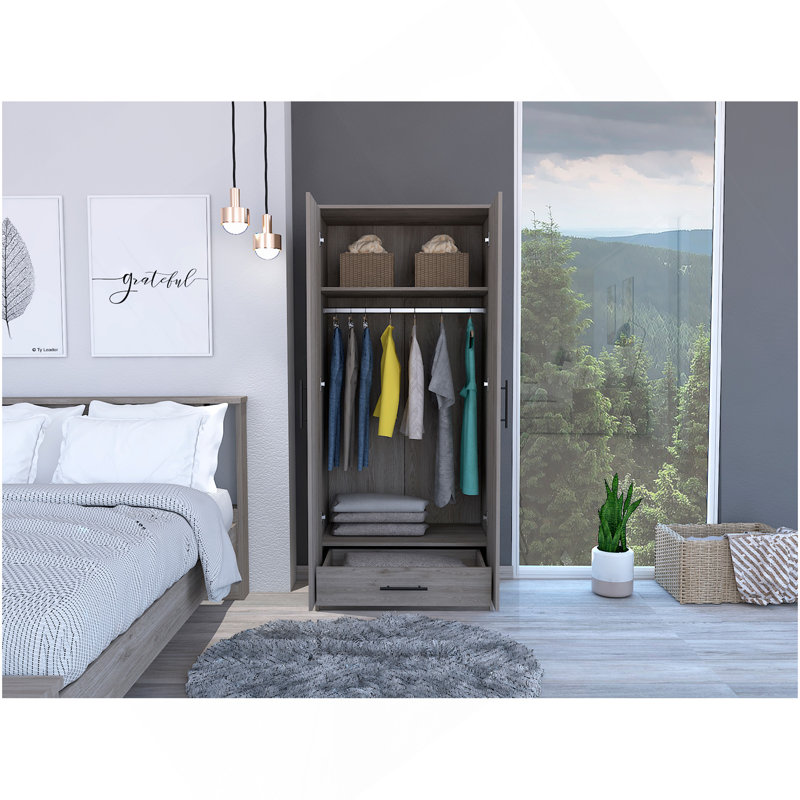 Armoire Ambery 180, deux tablettes, double porte, tringle en métal, un tiroir - gris clair