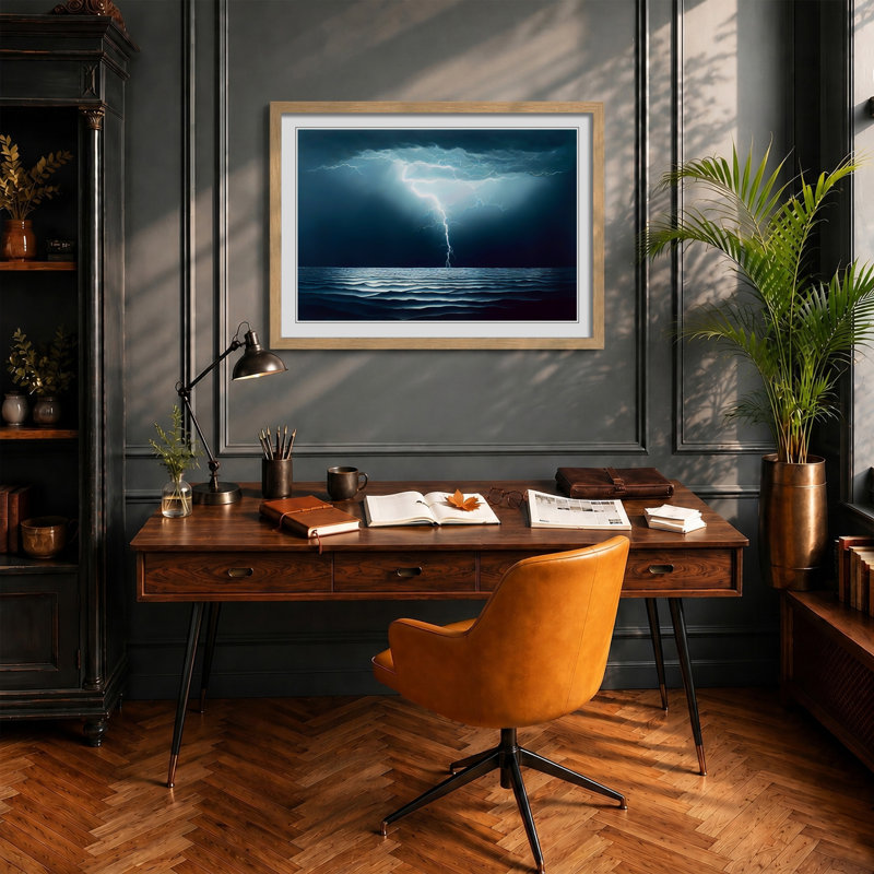 Electrifying Ocean Thunderstorm - Framed Print, 46cm H x 64cm W x 2cm D, Oak