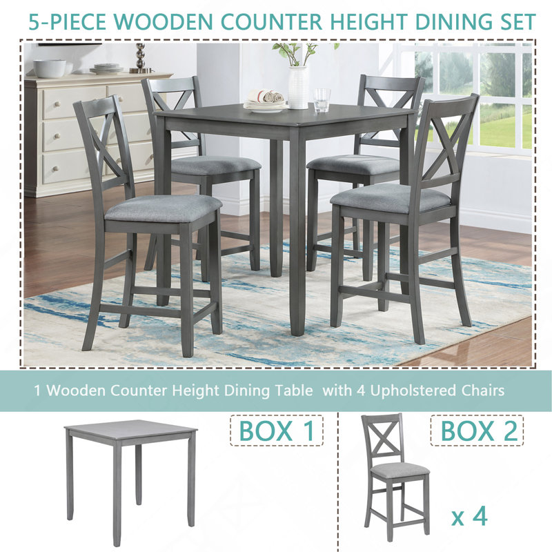 Ensemble de table de salle à manger 5 pièces, ensemble de table de salle à manger carrée en bois pour 4 personnes, ensemble de table de cuisine à hauteur de comptoir avec table carrée et 4 chaises rembourrées pour petit espace, gris