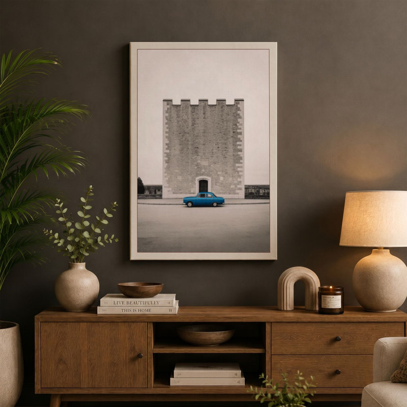Blue Car at Concrete Tower Industrial - Wrapped Canvas, 18x12 - 45.7 x 30.5 cm, Ochre Border