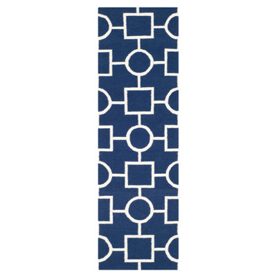 Rodgers Hand Woven Flat Weave Wool/Cotton Geometric Rug in White/Blue