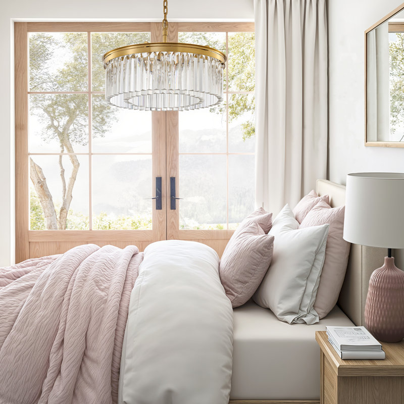 Lustre rond en cristal de luxe moderne 6 lumières 26 po, Laiton brossé