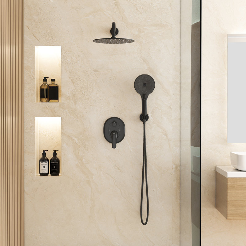 Système de douche rond de 10 pouces avec pomme de douche à main à 3 réglages, pomme de douche à pluie, ensemble tout-en-un avec valve brute