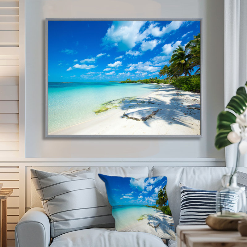 «Tropical Beach with Palm Shadows» de Mattos - reproduction de photo, Encadrement argenté, H 24 po x l 32 po