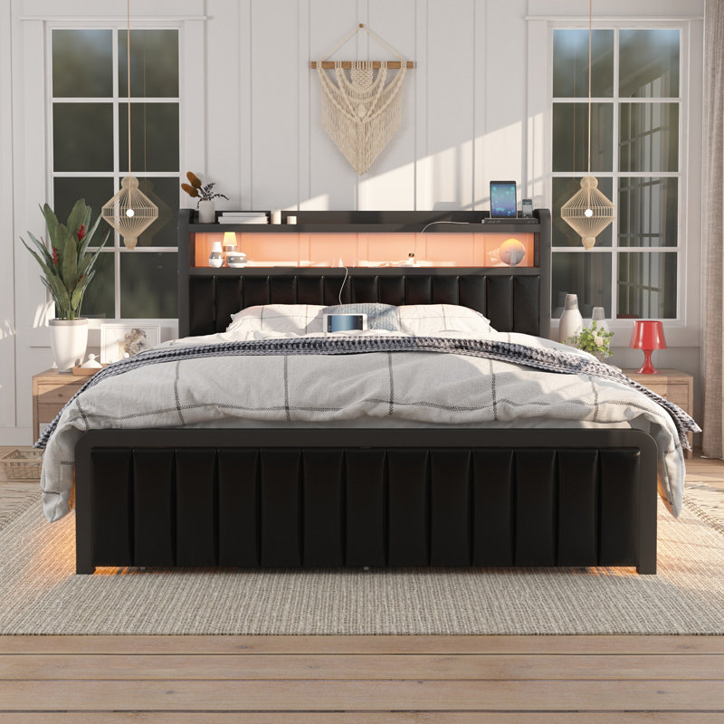 Bed Frame with Smart RGB LED and Side Sensor Lights, Large Drawers, Headboard with Charging Station, Queen