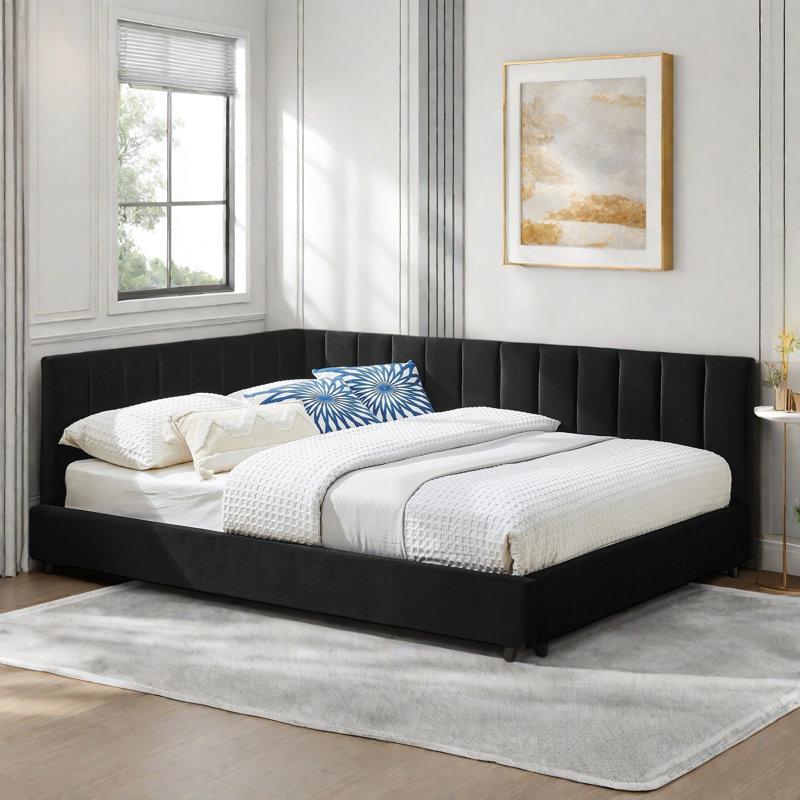 Upholstered Daybed With Comfortable Backrest And Armrests, Vertical Striped Design, Black