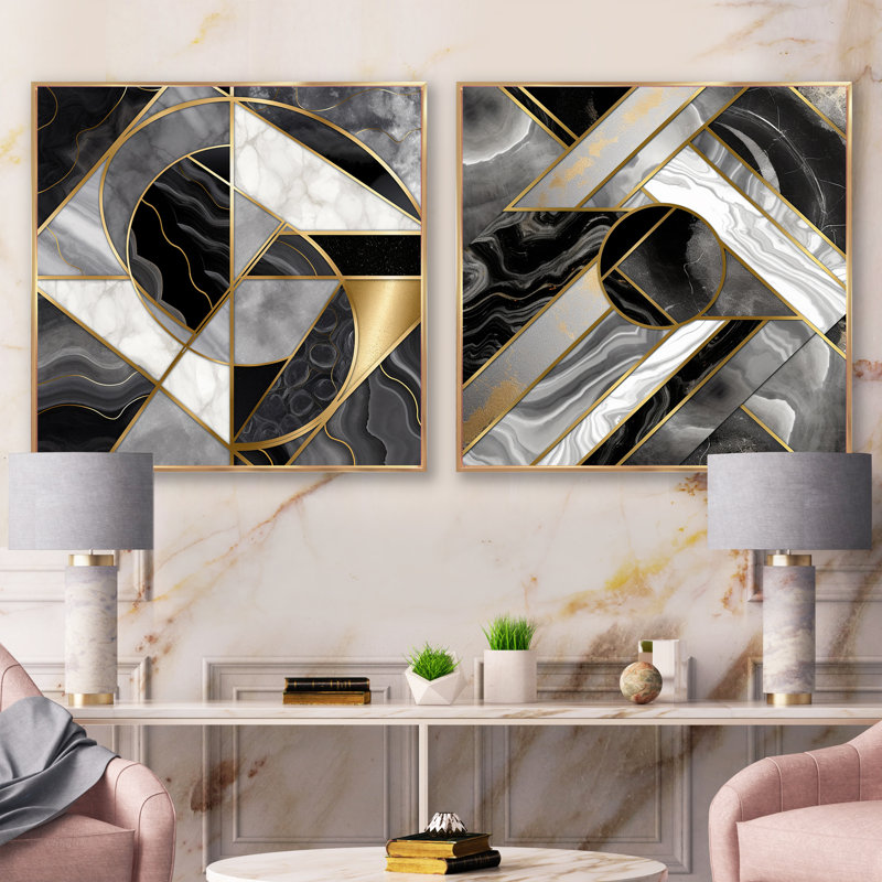 Marbre granit agate avec des touches d'or - formes abstraites carrées collage ensemble de 2, H 16 po x l 33 po