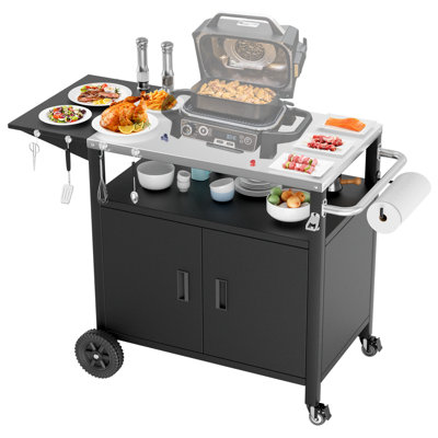 Outdoor Grill Cart with Cabinet, Large Storage & Lockable Wheels, Extra Foldable Table Top, Outdoor Kitchen Island Grill Table for  BBQ, Cooking & Prep