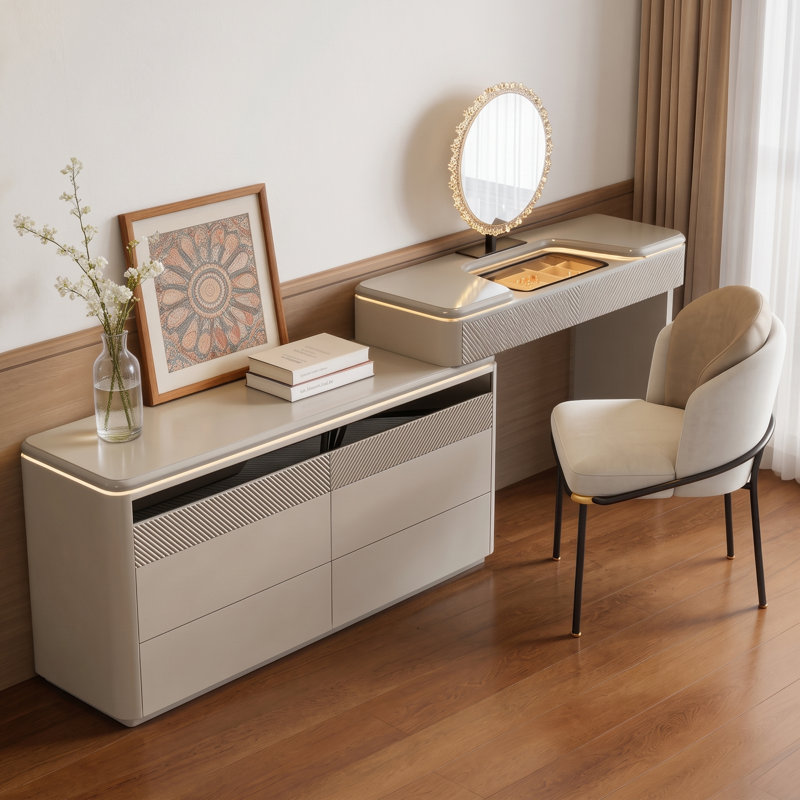 Modern Extendable Makeup Vanity Table with Led Light,Storage Organizer Modern Cream Vanity Desk for Bedroom