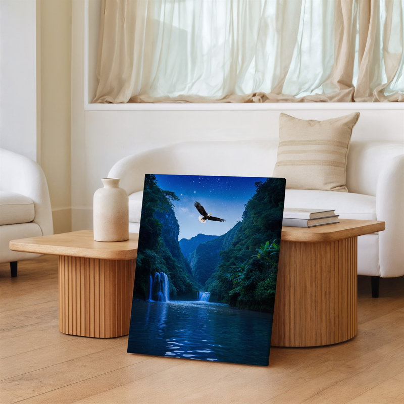 Toile, "Un majestueux aigle s'envole gracieusement au-dessus d'un paysage verdoyant luxuriant, ses ailes complètement déployées"