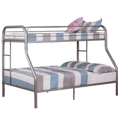 Contemporary Twin Over Full Metal Bunk Bed With Side Silver Color Mattress Ready For Bedroom Sleep Space Attached Angled In Style