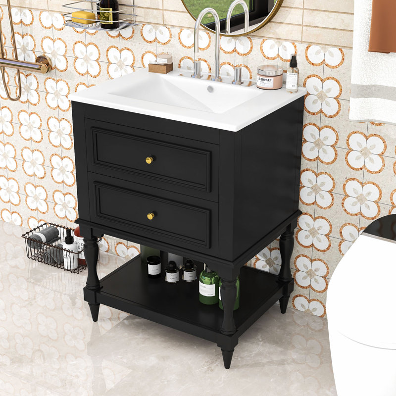 Meuble-lavabo autoportant rétro avec lavabo en céramique ultrabrillant, grand rangement et tablette ouverte, Noir