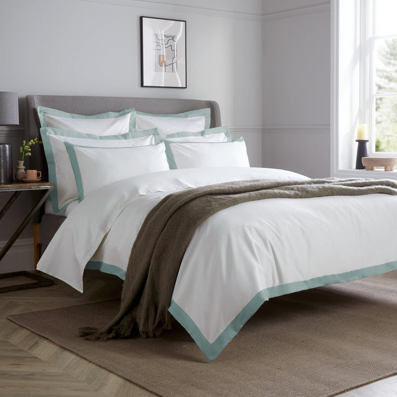 Luxury 800 Thread Count Contrast Wide Border Sateen Duvet Cover, Double, White/Teal