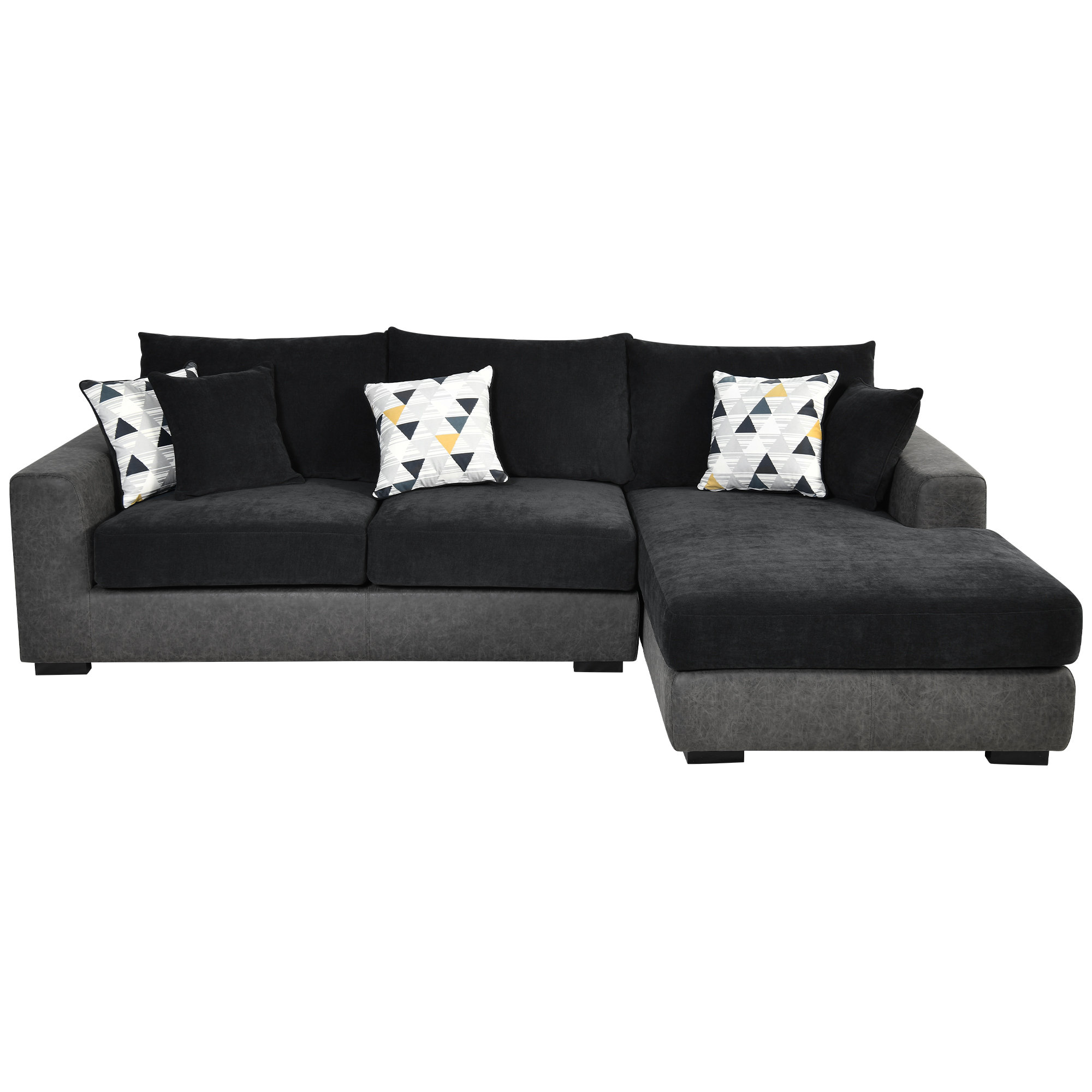 112 in W Flared Arm Fabric L Shaped Sofa Corner Couch Set in Black Wit