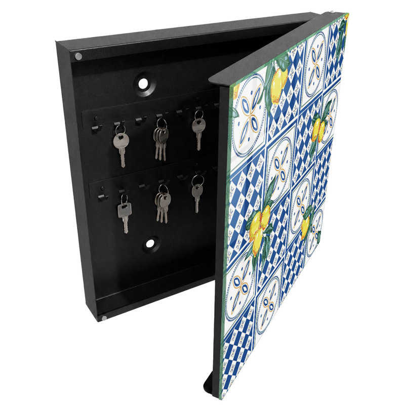 Key storage cabinet, Opens to the left, 30x30x5, White, Yellow lemons on blue geometric tiles, 
