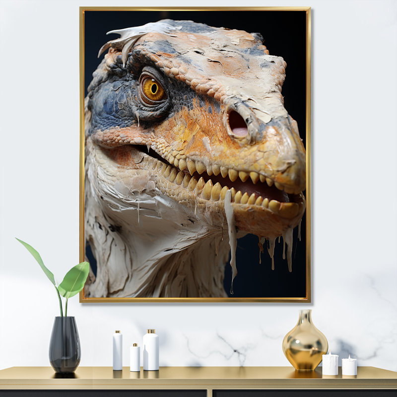 Velociraptor gris dans la jungle - art mural dinosaure, Cadre flottant doré, H 40 po x l 30 po x P 1,5 po
