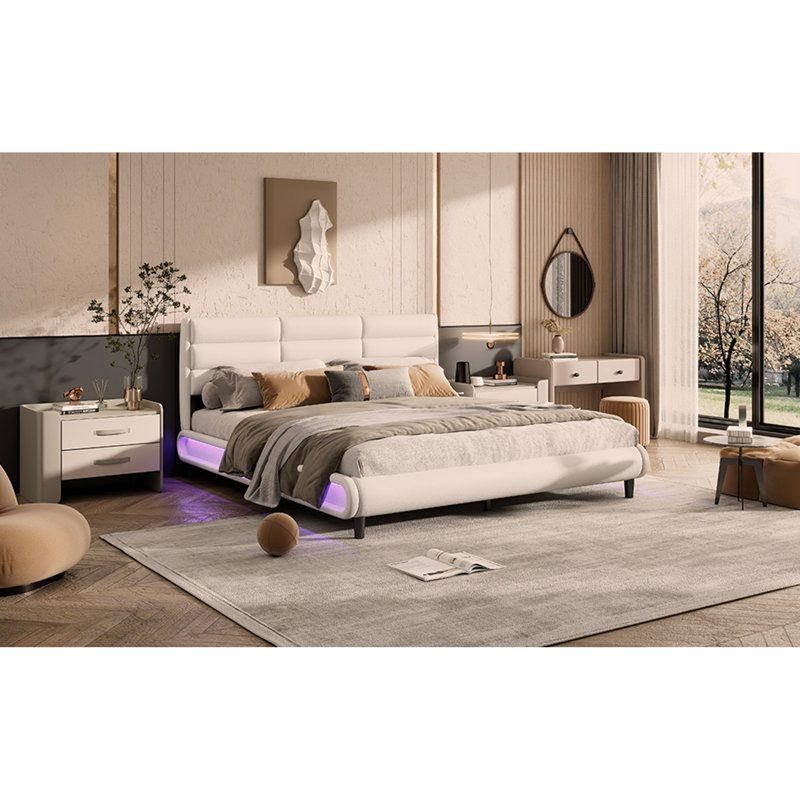 King Size Upholstered Platform Bed With LED Light Strips,Beige