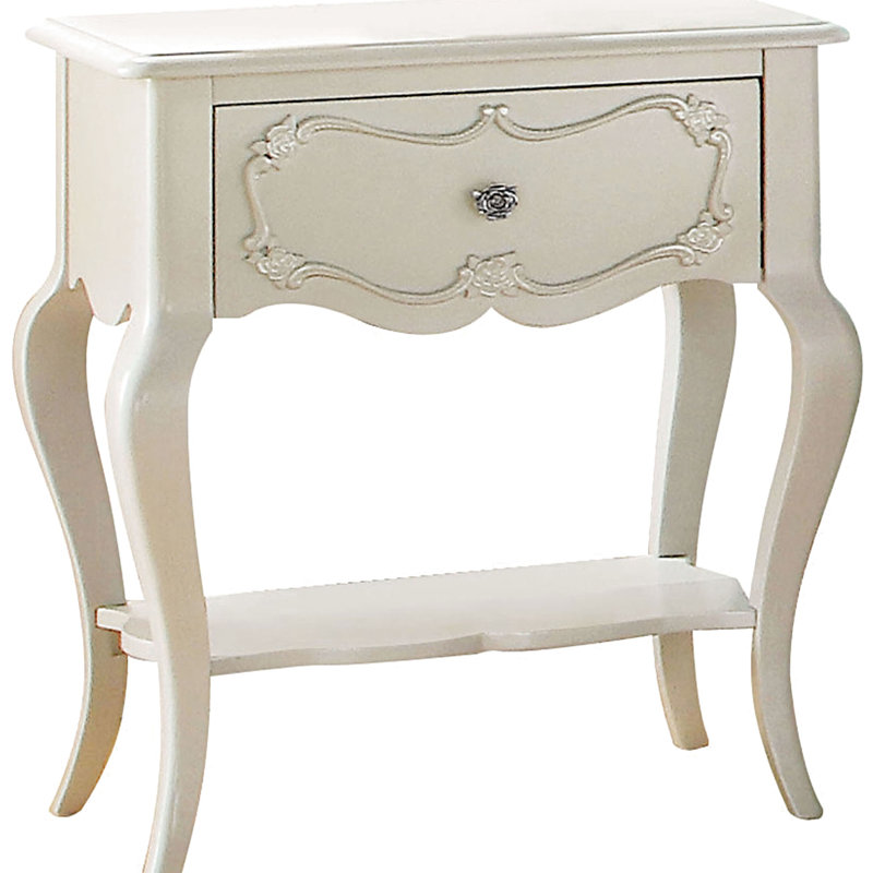 Pearl White Nightstand For Bedroom - 1 Drawer & Shelf, Pine Wood, Scalloped Apron Spark, Meticulous Work, 26" H X 24" W 17" D In With Shelf Drawer, Made, Flame, Delicate 26"x24"x17