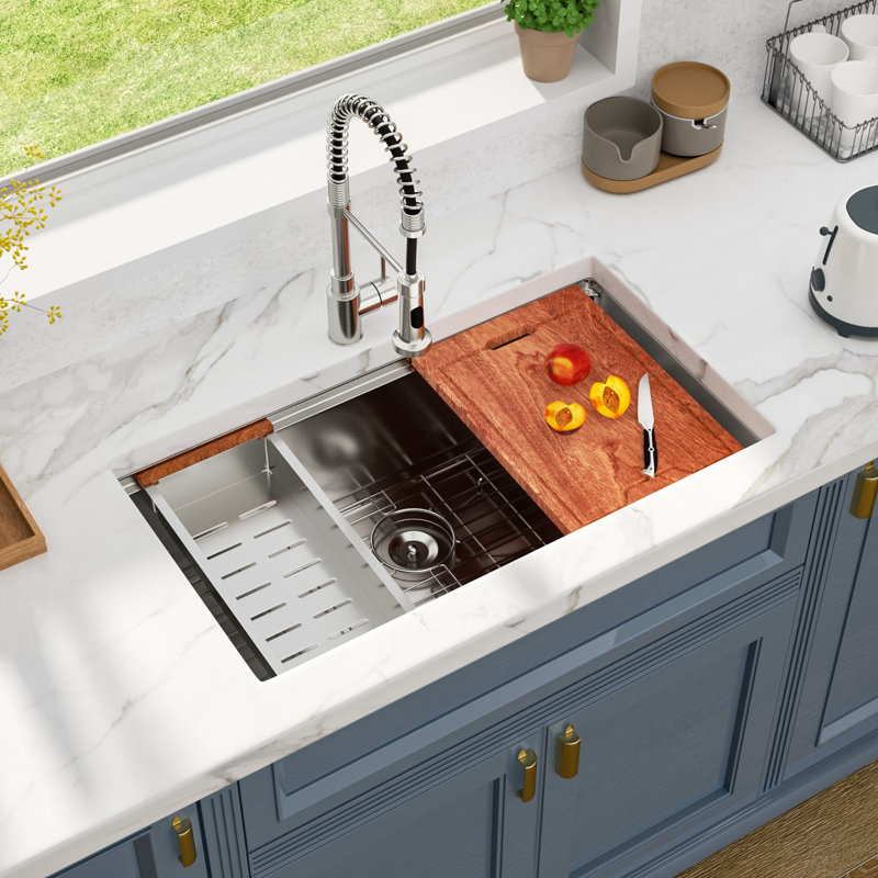 32" L x 19" W Undermount Kitchen Sink Workstation Single Bowl Sink 16 Gauge Stainless Steel Sink, Stainless Steel