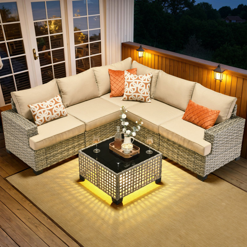 Wahkon Wicker/rattan 5 - Person Wicker Sectional Seating Group with Lighted Coffee Table, Modern Modular Outdoor Conversation Set with Cushions