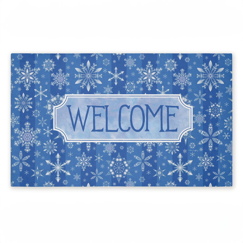 Tapis de porte d'extérieur à motif de flocons de neige Welcome Blue, par Tim Coffey, 18 po x 30 po