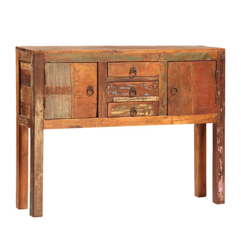 Reclaimed Mango Wood 2-Door Console Table with Drawers, Distressed Multicolor Finish