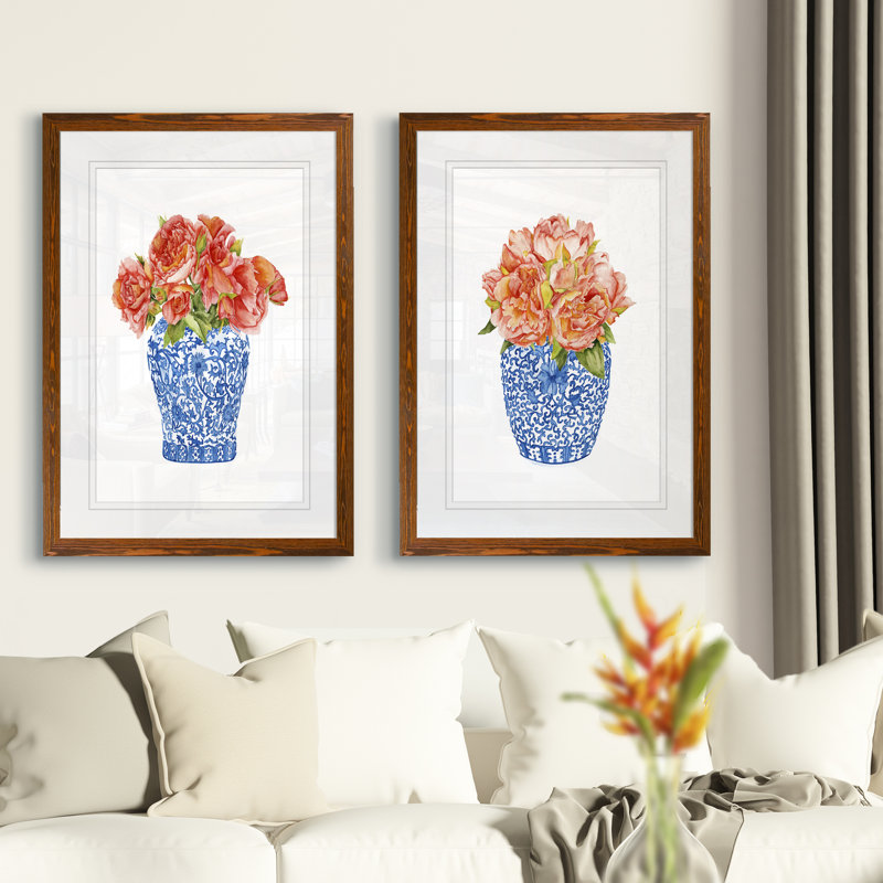 " Sweet Peonies I " by Vincent Van Gogh 2 - Pieces, 20" H x 16" W, Framed Print with Mat, Espresso