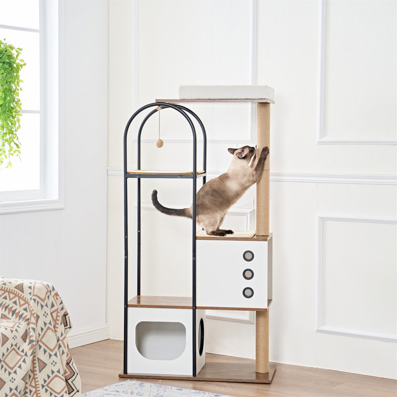 Modern Multi-Level Black and White Cat Tree with Scratching Posts