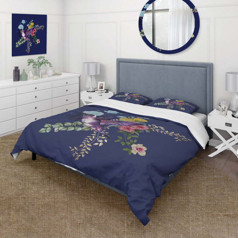 Petit oiseau sur un bouquet coloré de fleurs sauvages I - Ensemble de housse de couette en polyester traditionnel