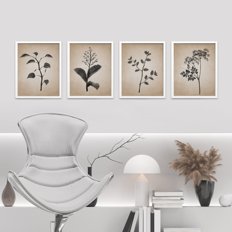 «Duotone Vintage Antique Forest Wildflower», impression sur papier 4 pièces, Blanc, H 10 po x l 8 po