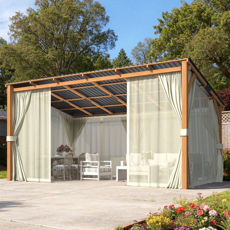 Pavillon de jardin extérieur en bois avec rideaux et filet pour terrasse, 96.5" H x 192" W x 115" D