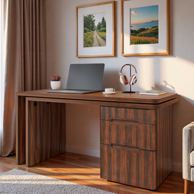 Bureau moderne en forme de L avec 3 tiroirs et bureau pivotant à 360 ° en bois