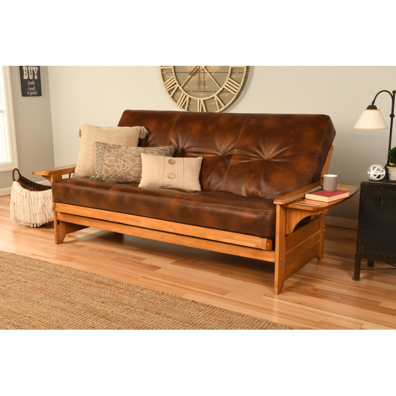 Futon double avec matelas Stratford, Noyer cendré, Similicuir caramel piste de l’Oregon