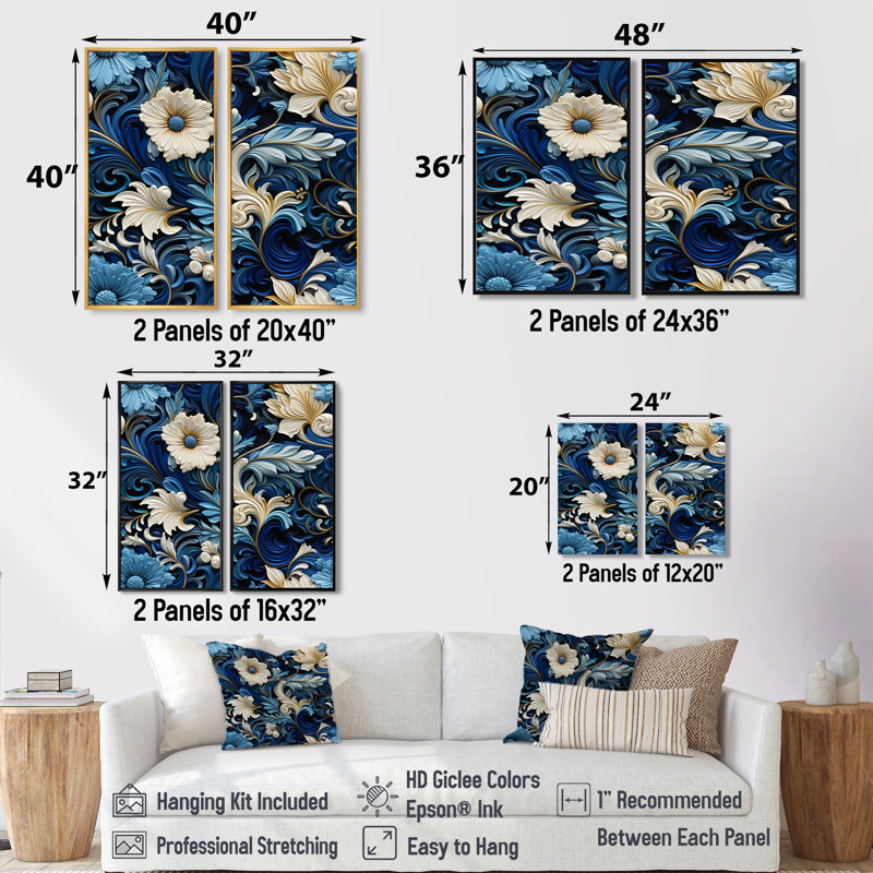 «Cobalt Blue Scrollwork Swirls», motif victorien sur toile florale florale, 32" H x 32" W, Impression encadrée flottante