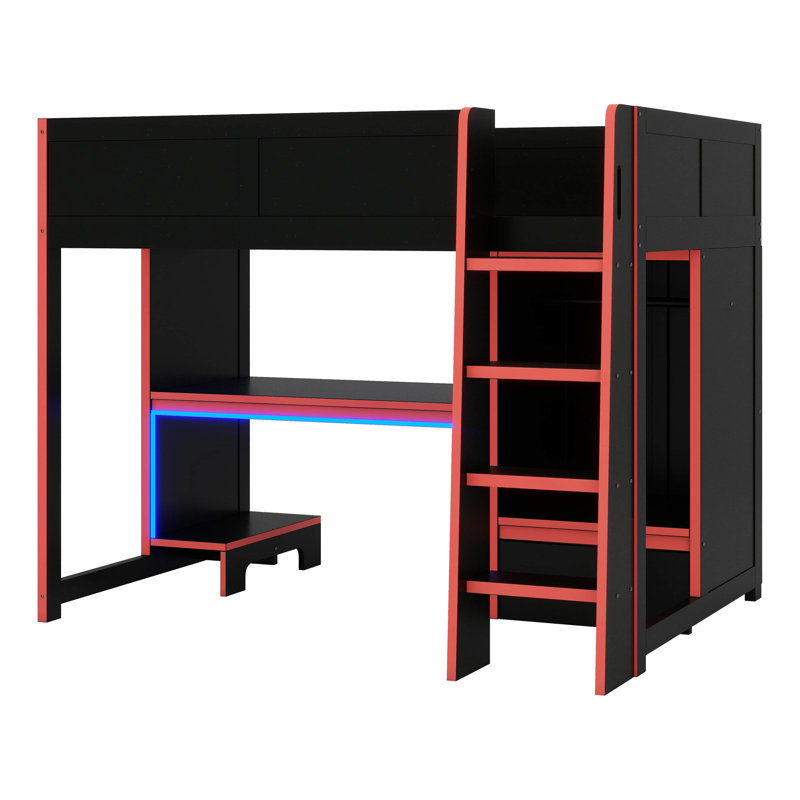 Lit mezzanine en bois Wood - bureau intégré, garde-robe, éclairage à DEL et 1 tiroir inclus, Lit double