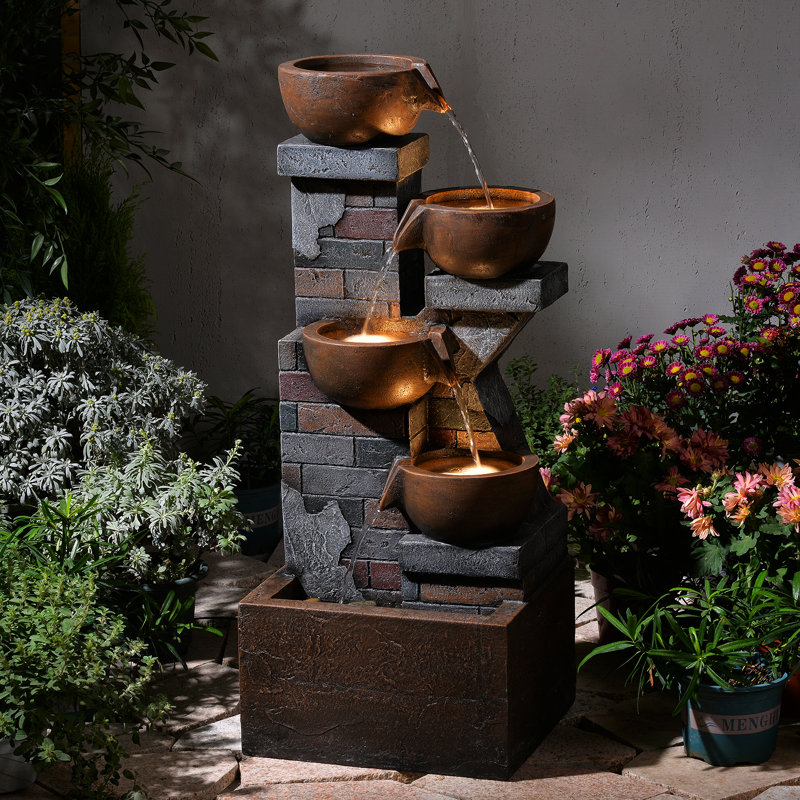 33.5" Tall Outdoor Water Fountain,4 Tiered Cascading Bowl Outdoor Freestanding Fountains With Light, Waterfall Floor Standing Water Feature For Garden, Patio, Backyard, Deck, Porch, Indoor Decor