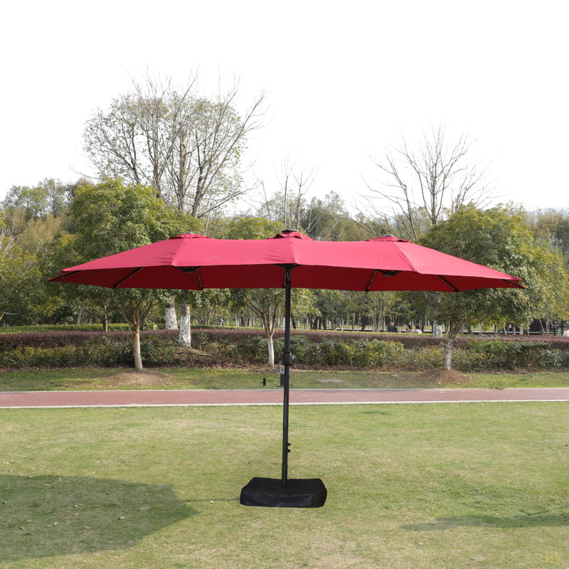 Grand parasol rectangulaire double 15 x 9 pi pour l'extérieur avec lumière et base, Rouge