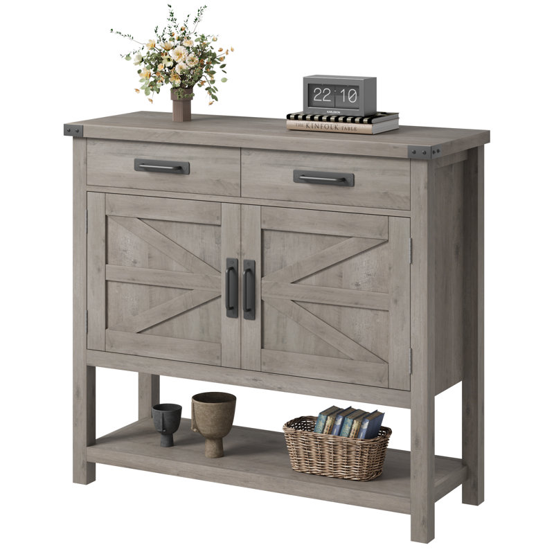 Console de style champêtre de 91 cm avec placard à 2 portes et 2 tiroirs – Buffet/meuble de rangement pour entrée ou cuisine – Gris