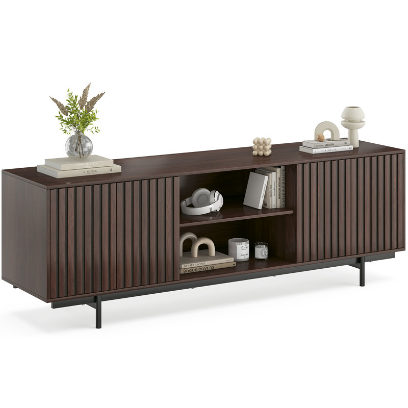 Rectangular TV Stand for TVs up to 75" with Open Shelf, Brown Wood