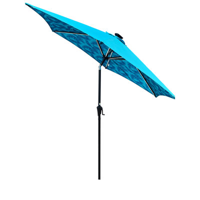Parasol de patio de 9 pi, auvent à motif + cyan, rayures à DEL solaires, 6 nervures en acier, relevage à manivelle, option d'inclinaison, 40+ Upf, pour utilisation dans le jardin - système rond électrique facile, inclinaison à 45 degrés, eau, espac