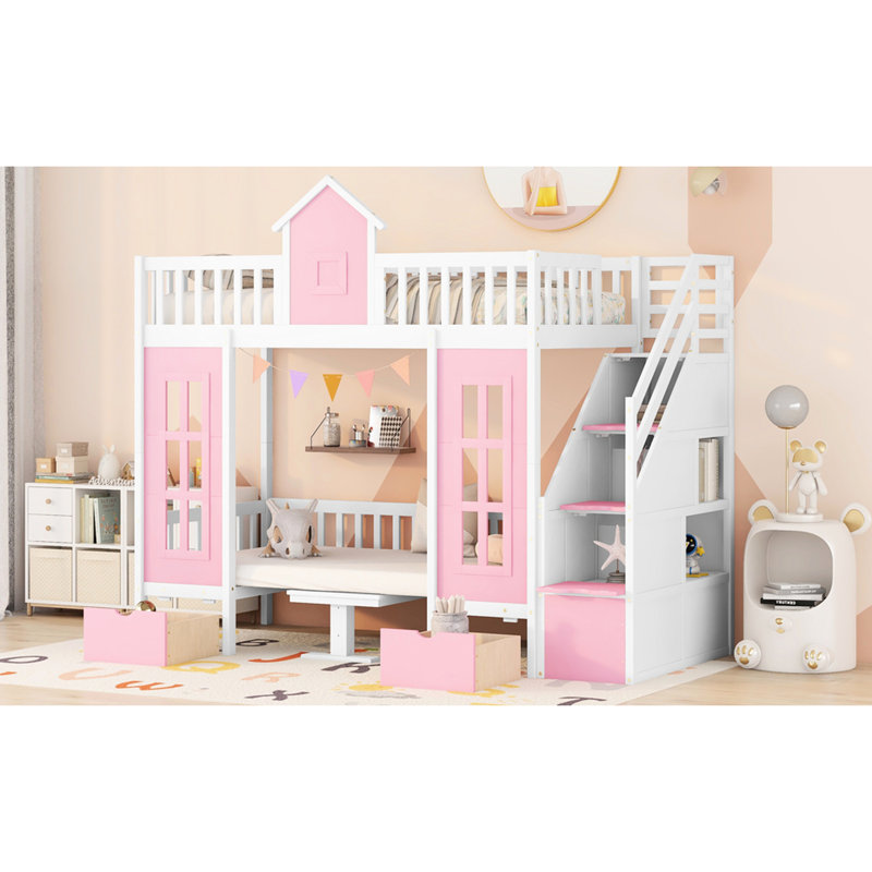 Lit superposé simple rose avec table, bureau Twintwin solide et attachant rose, stable, Rose