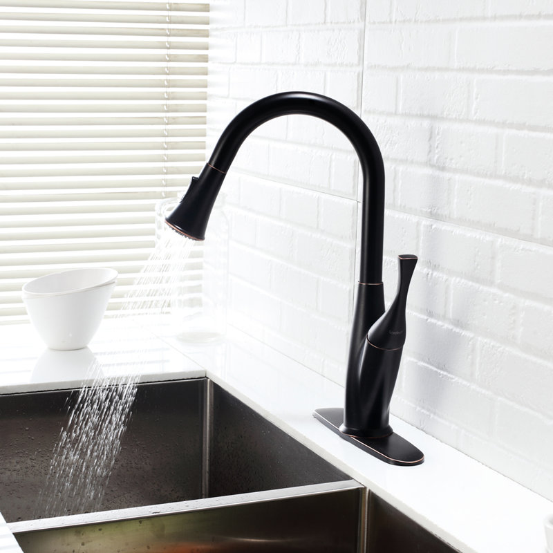 Robinet de cuisine, bronze huilé avec extracteur, complément aux styles, corrosion, poignée simple pour la température et le débit, bec pivotant à 360 degrés, double jet, robinet à installation rapide en bronze,