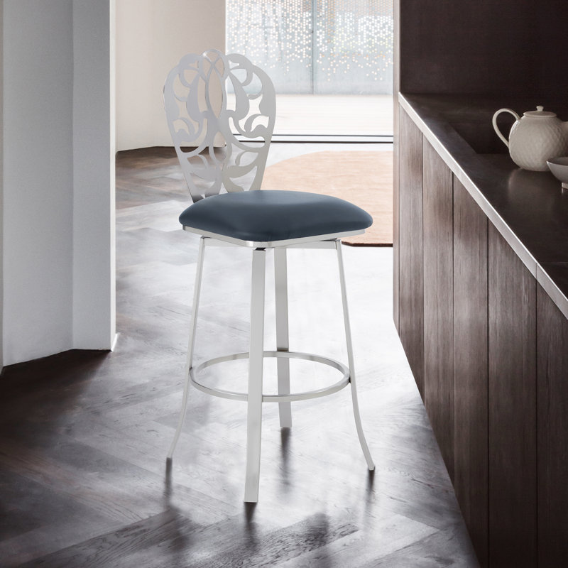Herdon Contemporary Swivel Counter or Bar Height Bar Stool in Brushed Stainless Steel, Faux Leather, Gray