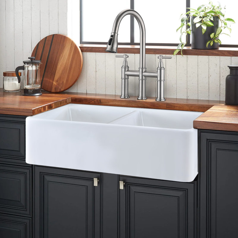 Salena 32'' L Double Bowl Fireclay Kitchen Sink