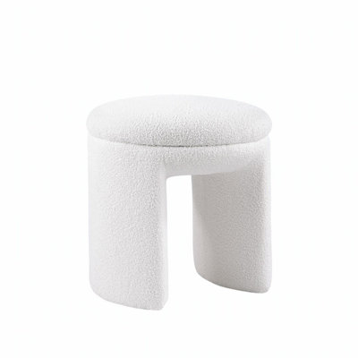 Contemporary Teddy Fabric Round Top Accent Stool, White Finish for Modern Living Room Decor and Comfort