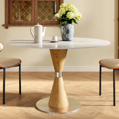 Table de salle à manger ronde de style Mid-Century de 109 cm (43 po) avec plateau en pierre frittée de qualité supérieure et pied central robuste en métal, idéale pour 2 à 4 personnes dans les petits espaces, appartements ou coins repas.