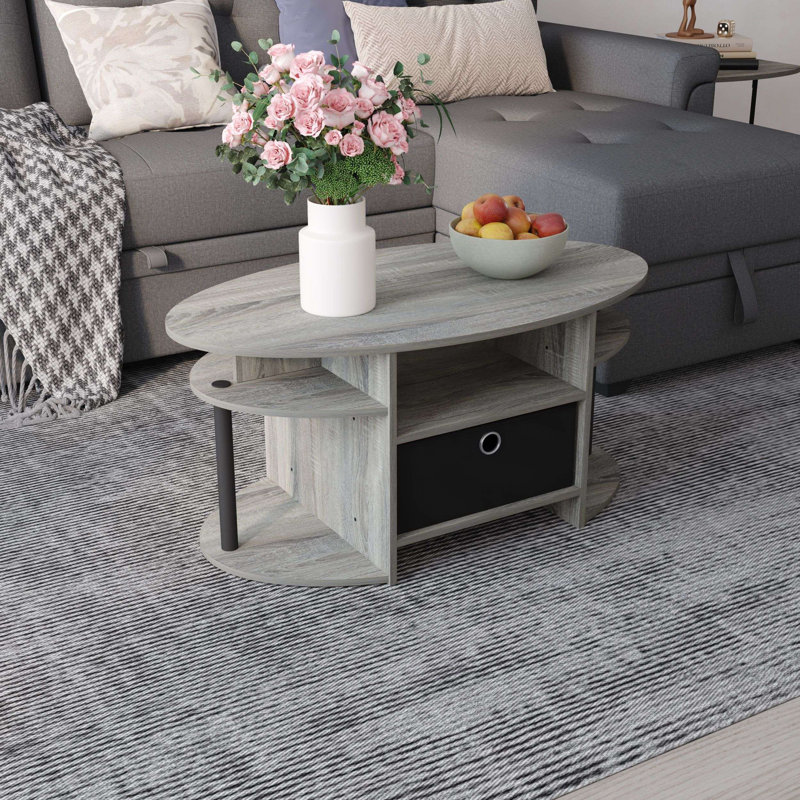 Modern Wood Storage Tea Table Coffee Table with Shelves & Bin Drawer for Small Space Living Room, French Oak Grey;Black