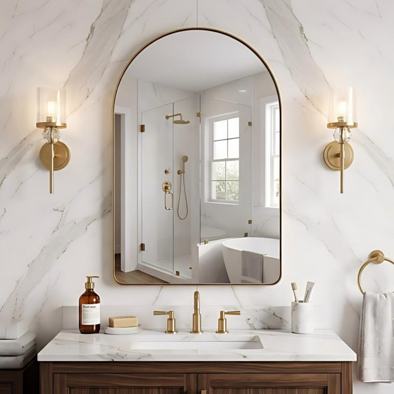 Elegant Arched Bathroom Vanity Mirror – Premium Stainless Steel Frame, 24" x 36", Brushed Gold
