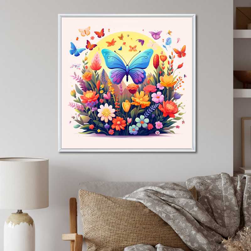 Mauve Butterfles, champ de fleurs arc-en-ciel idyllique, 16" H x 16" W, White Picture Framed