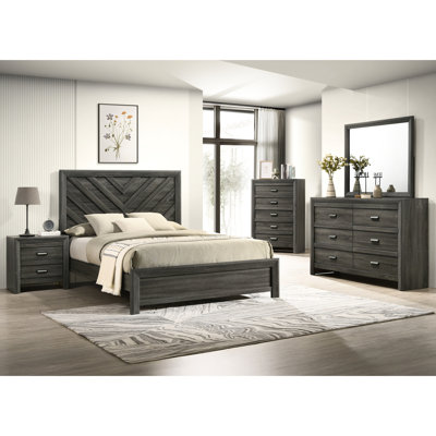 Queen Bed Frame With Geometric , Rustic Gray Finish And Contemporary Style Finish, Design Pattern For Bedroom